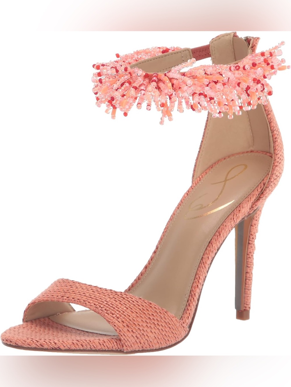 Sam Edelman Coral Pink Beaded Ankle-Strap Stiletto Sandals 7.5